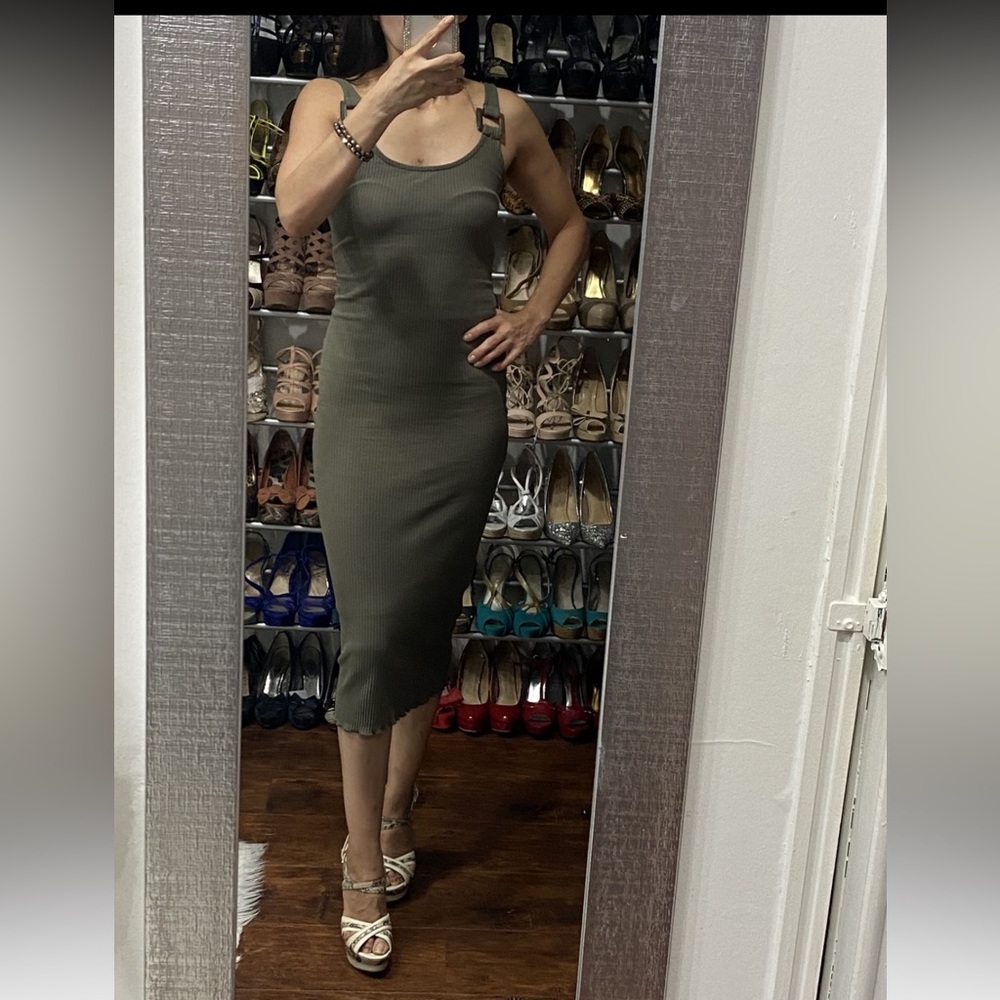 Military green ribbed bodycon midi dress